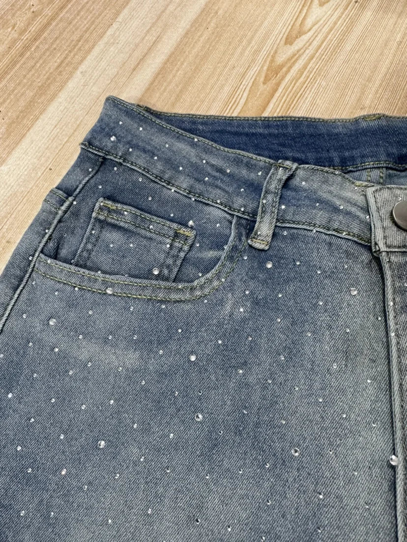 Pantaloni jeans con strass lucidi Pantaloni dritti in denim con diamanti da donna sexy a vita alta eleganti da night club