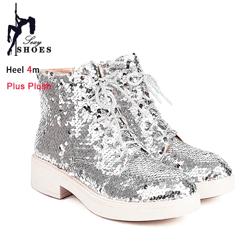 Donna Autunno Inverno Stivaletti 2024 Tendenza Comfort Casual Hip-Hop Scarpe da ballo con paillettes Club Party Donna Stivaletti stringati