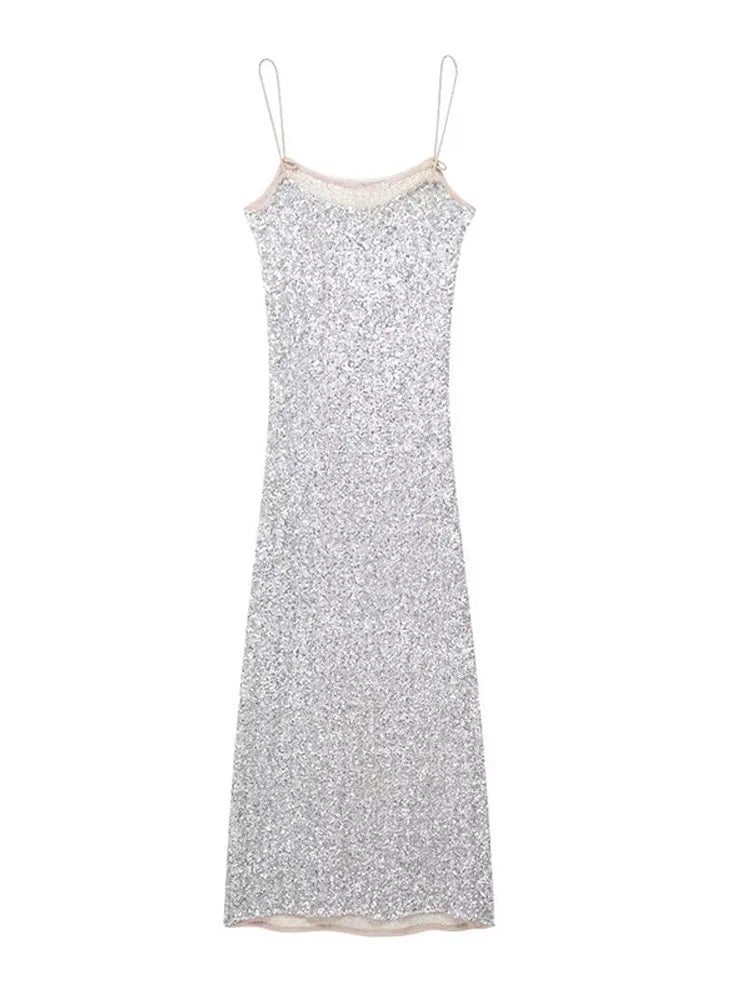 Elegante Abito con Paillettes da Donna Primavera Estate 2026, Vestito Senza Maniche con Scollo a Barca, Abito da Festa Scintillante, Dolce Abito da Ufficio Argento