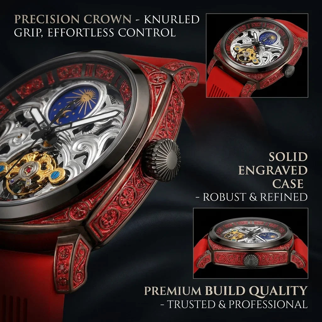 Orologio Meccanico da Uomo con Quadrante Rosso, Cinturino in Lega, Stile Vintage, Dettagli di Lusso, Ideale per Affari, Feste e Vacanze