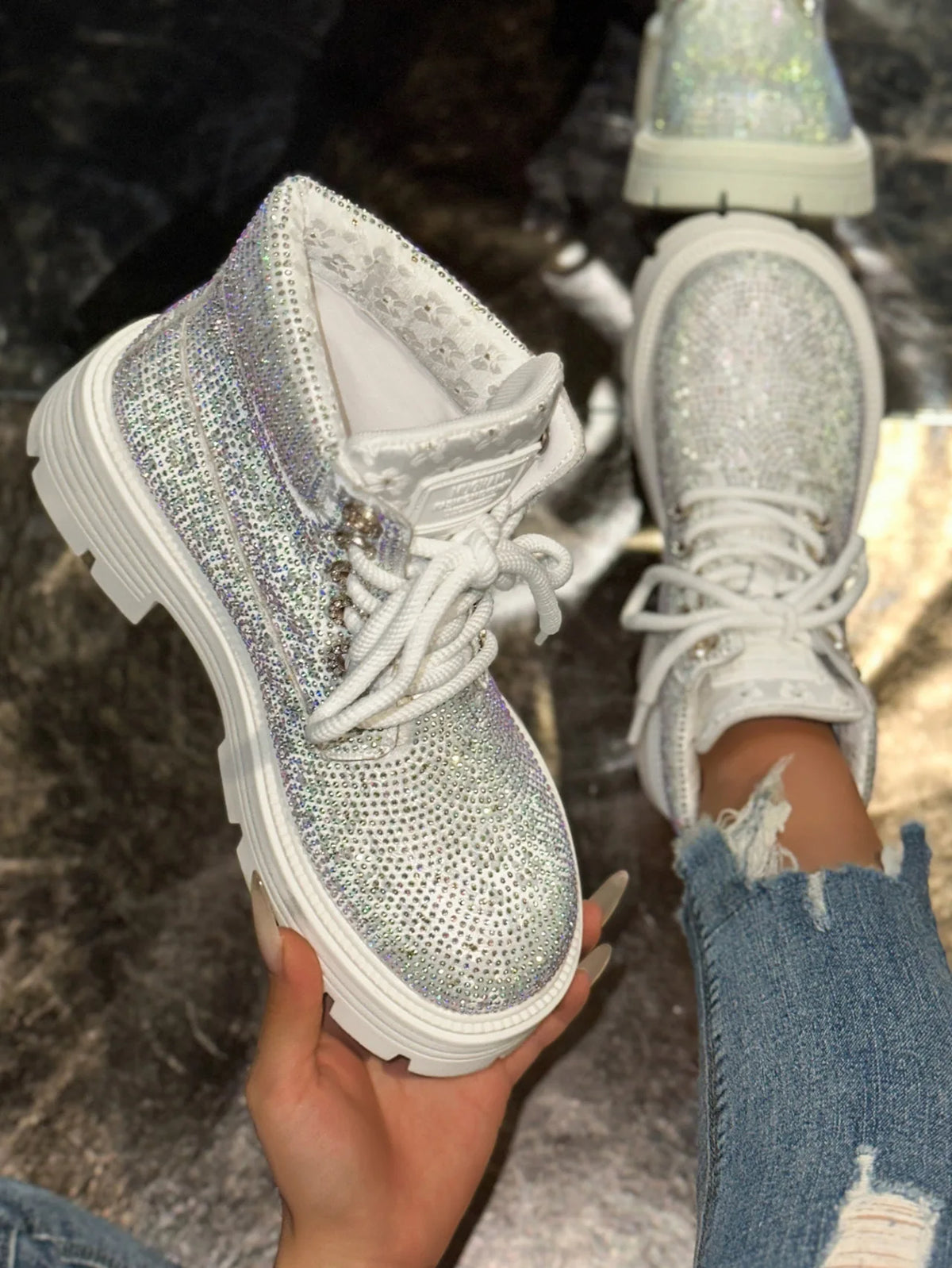 Stivaletti Retrò Autunno Inverno Nuovi con Strass e Lacci Punta Tonda Plateau Scarpe da Donna Taglie Grandi