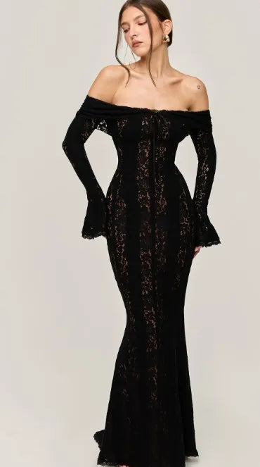 Sexy Hollow Out Women See-through Lace Up Party Dress femminile maniche svasate petto avvolto abiti 2024 Summer Lady Seaside Gowns