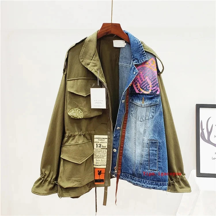 Cappotto giacca di jeans patchwork a contrasto di colore donna autunno moda lettera allentata stampa capispalla Chaquetas Mujer giacca di jeans femminile