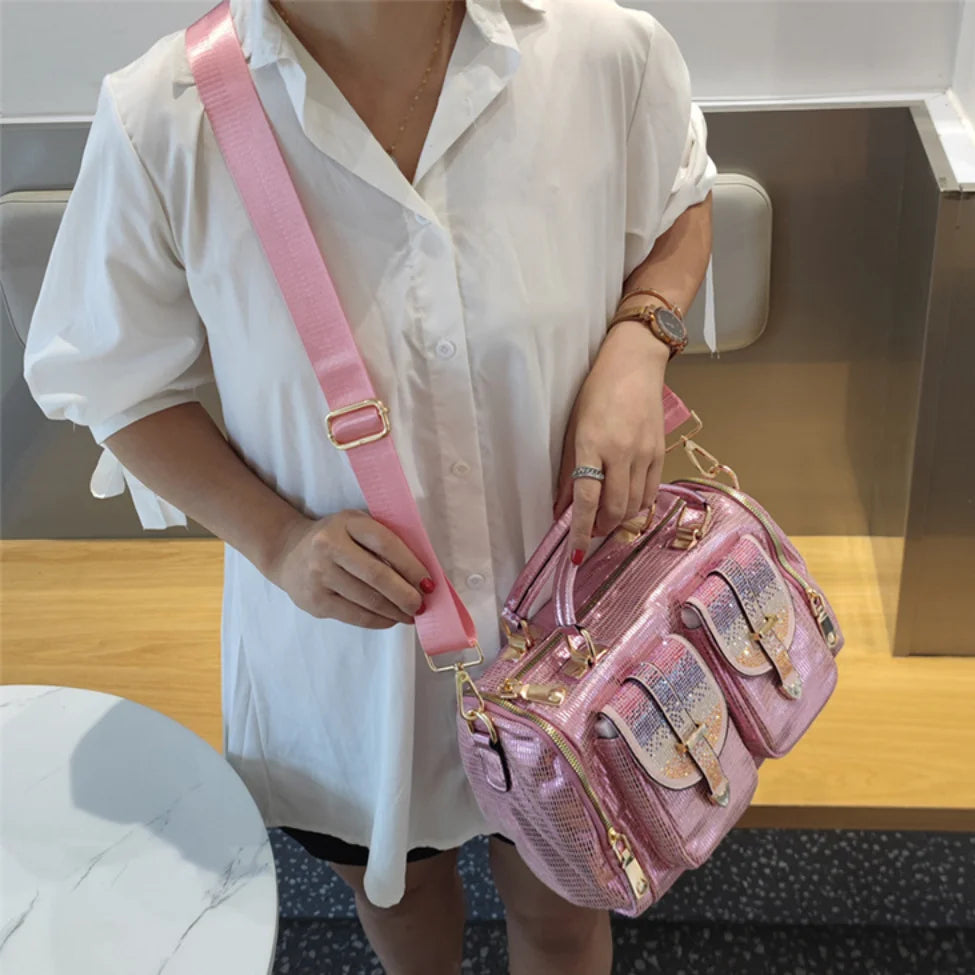 Borsa a tracolla da donna alla moda ed elegante, impreziosita da diamanti, con più tasche, borsa leggera, lussuosa e brillante