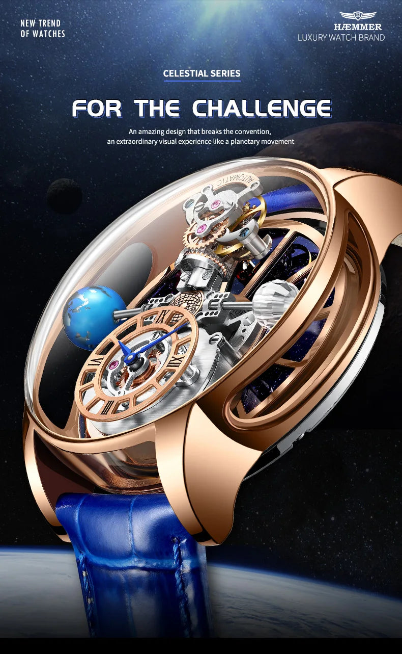 2024 HAEMMER Astronomia Orologio da uomo Custodia trasparente Design Orologio al quarzo in pelle da uomo Regolazione del tempo Jacob Relogio Impermeabile