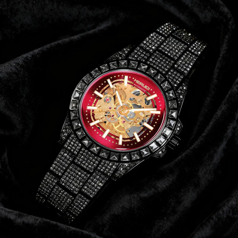 Splendido orologio meccanico da uomo nero e rosso in edizione limitata con tourbillon completamente automatico e cielo stellato