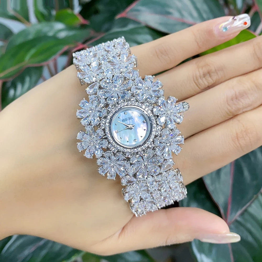 016011 Orologi di Lusso da Donna 189MM con Elementi in Zirconia Cubica, Orologio con Bracciale in Cristallo per Matrimoni e Feste, Set di Gioielli per Sposa