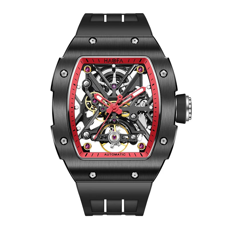 Haofa Orologio meccanico automatico scheletrato per uomo Lunetta in ceramica Zaffiro Luminoso Orologio sportivo da uomo con carica automatica impermeabile 1988