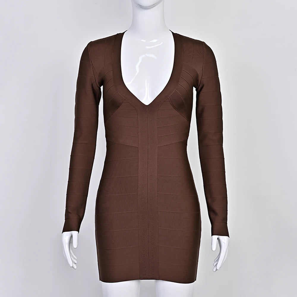 BEAUKEY Abito da Sera Sexy Mini con Scollo a V Profondo e Maniche Lunghe Beige, Vestito da Festa con Fasce, Abito da Clubwear Lungo Stile Runway