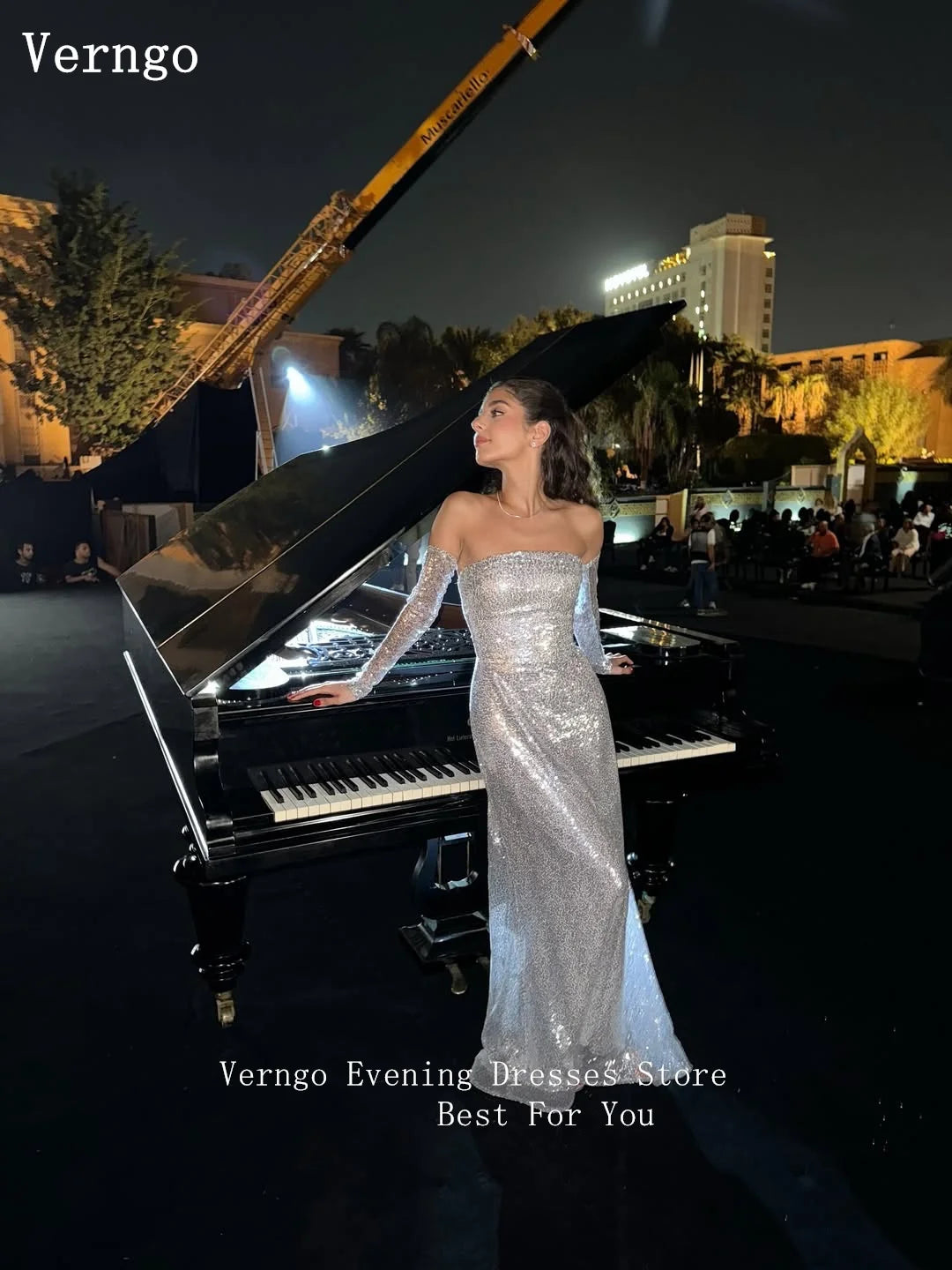 Verngo Abito da sera con paillettes lucide in nastro Guanti da sirena sexy senza spalline Abito da cerimonia formale Maxi abiti da ballo personalizzati