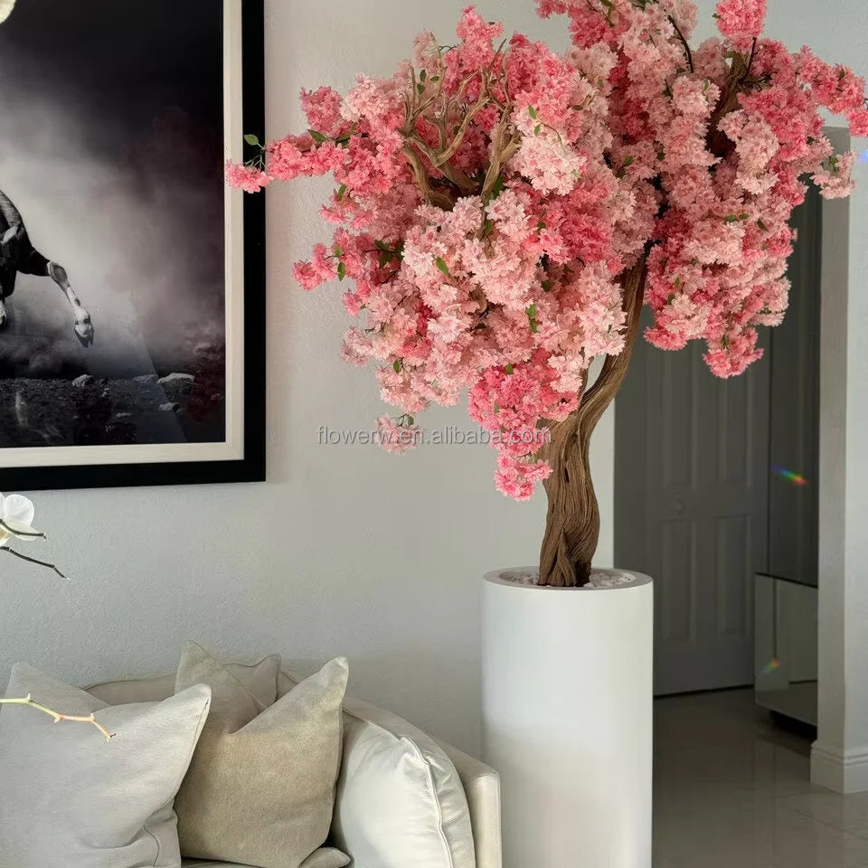 Hot Sale Customizable Pink White Artificial Cherry Blossom Bonsai Tree for Home Indoor Decor