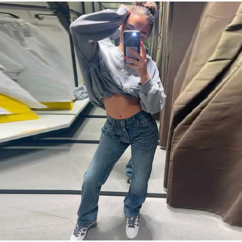 Pantaloni da donna in denim con diamanti chic Tasche a vita media con glitter alla moda Jeans femminili 2025 Pantaloni lunghi da donna di High Street primavera estate