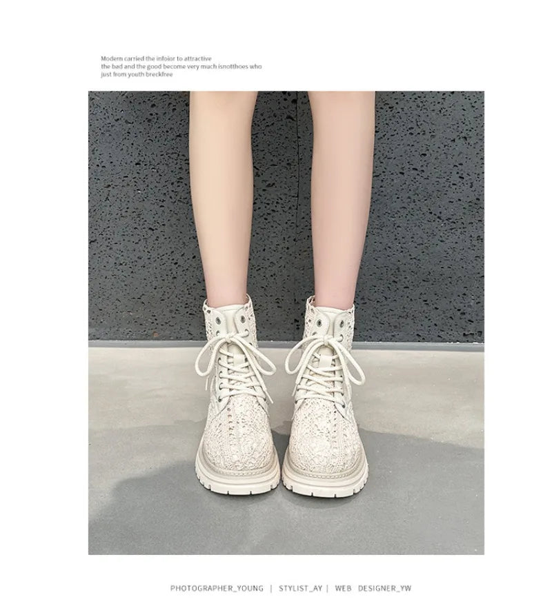 Scarpe Retrò da Donna, Stivali Estivi con Pizzo Traforato, Stivaletti alla Moda con Plateau, Scarpe di Lusso Firmate, Botas Mujer