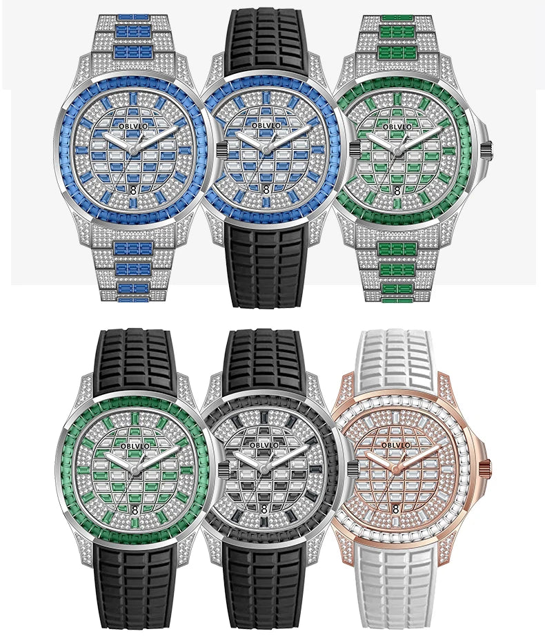 OBLVLO Orologio Automatico da Uomo alla Moda con Quadrante Impreziosito da Cristalli, Display Data, Lunetta con Pietre Baguette, Cinturino in Gomma FM-DSL