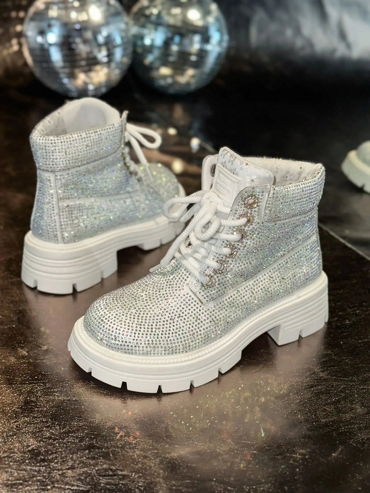 Stivaletti Retrò Autunno Inverno Nuovi con Strass e Lacci Punta Tonda Plateau Scarpe da Donna Taglie Grandi