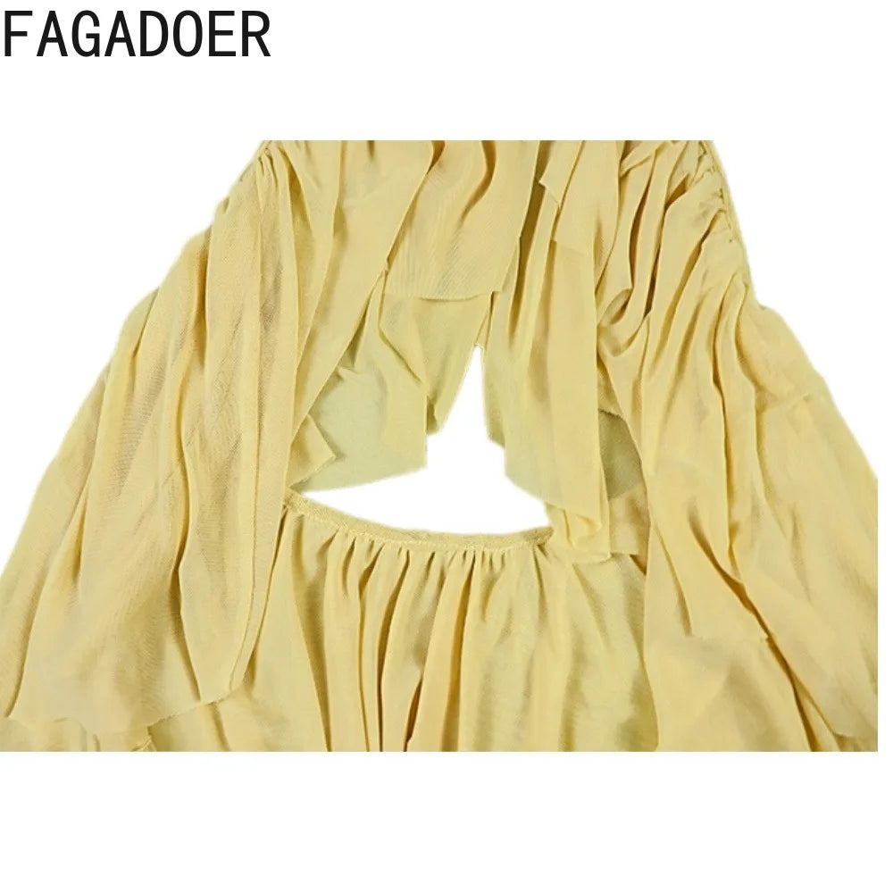 FAGADOER Completo da Donna Sexy con Volant e Collo all'Americana, Top Corto e Minigonna Senza Schiena, Outfit Estivo per Vacanze al Mare e Feste in Spiaggia