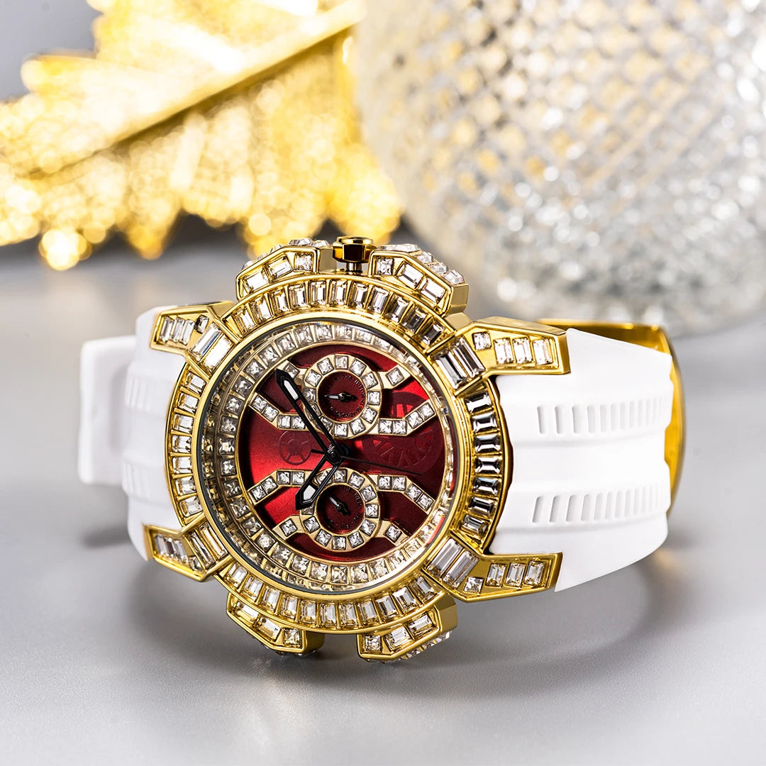MISSFOX Nuovo Orologio Al Quarzo Rosso Per Gli Uomini di Lusso Hip Hop Streetwear Orologio Impermeabile Orologi Con Diamanti Orologi Da Polso Da Uomo Al Quarzo AAA