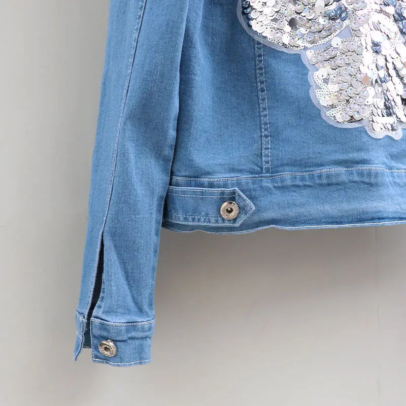 Giacca di Jeans Bianca con Paillettes da Donna, Abbigliamento Streetwear Primavera Autunno 2026, Nuova Giacca Corta Slim alla Moda con Ricami, Giacche in Denim Elasticizzato
