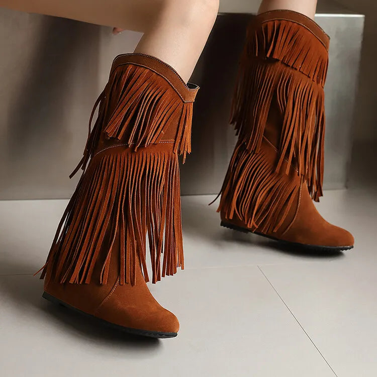 Ochanmeb stivali con frange Western rosso vino per donna stivali con tacco rialzato giallo nappe nere senza Zip scarpe da donna calde e larghe al polpaccio