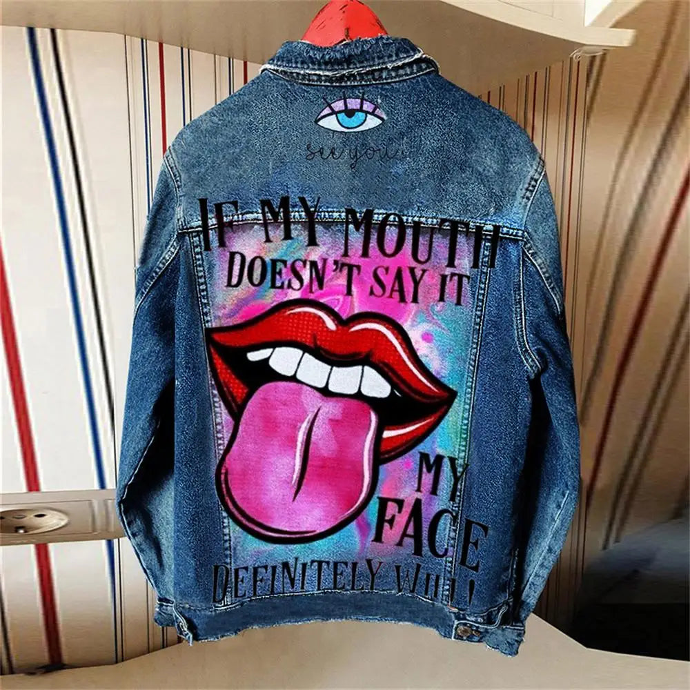 2024 autunno delle donne nuova vendita calda Street INS Net Red con la stessa ragazza giocosa Tongue Out Print Pattern giacca di jeans con risvolto