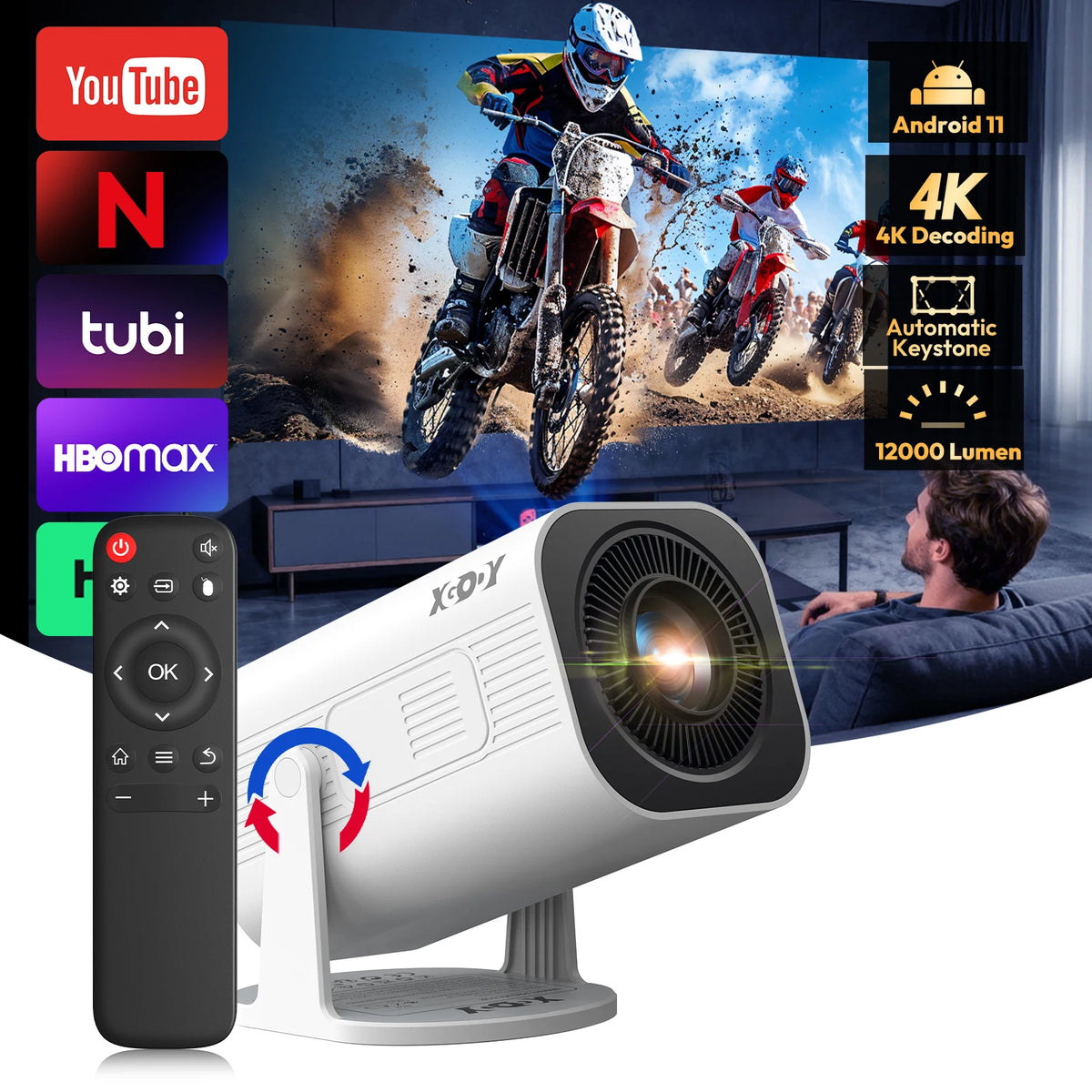 Proyector Xgody Gimbal 3 Pro 4K Wifi6 Android Mini Proyector 300 Ansi Dual Wifi Bt5.4 1280*720P Cine en casa Portátil para exteriores