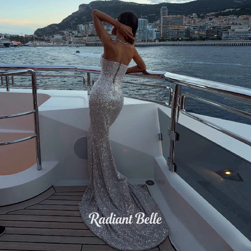 Abiti da sera a sirena personalizzati Radiant con paillettes e cristalli, scollo a cuore, plissettati, con lacci, stile arabo saudita, Vestidos De Fiesta