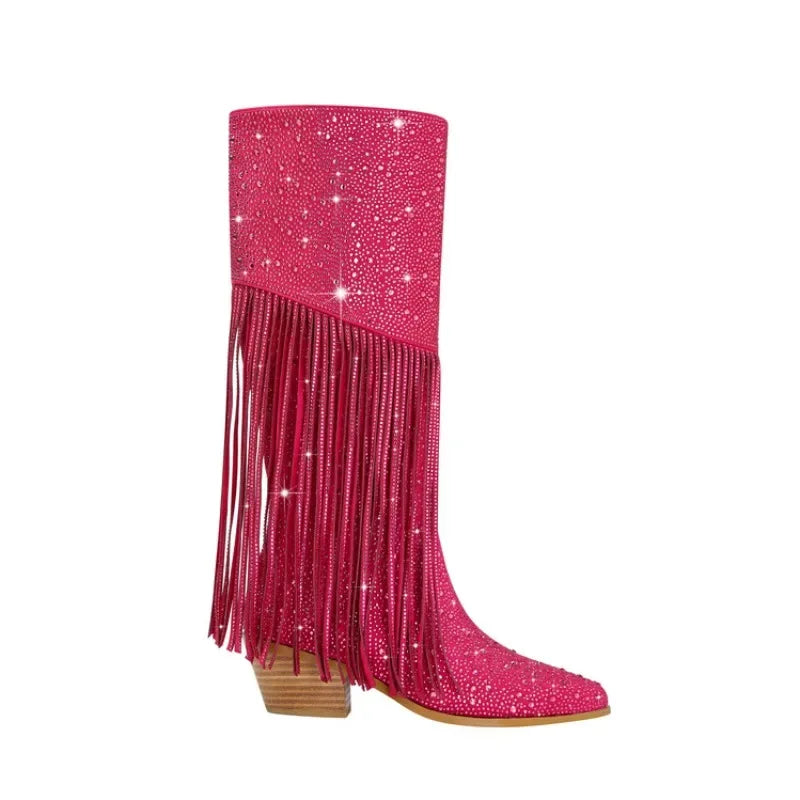 2024 nuovi stivali Chelsea al ginocchio con strass con cerniera nappe a punta moda lucida stivali da donna europei e americani 35-43
