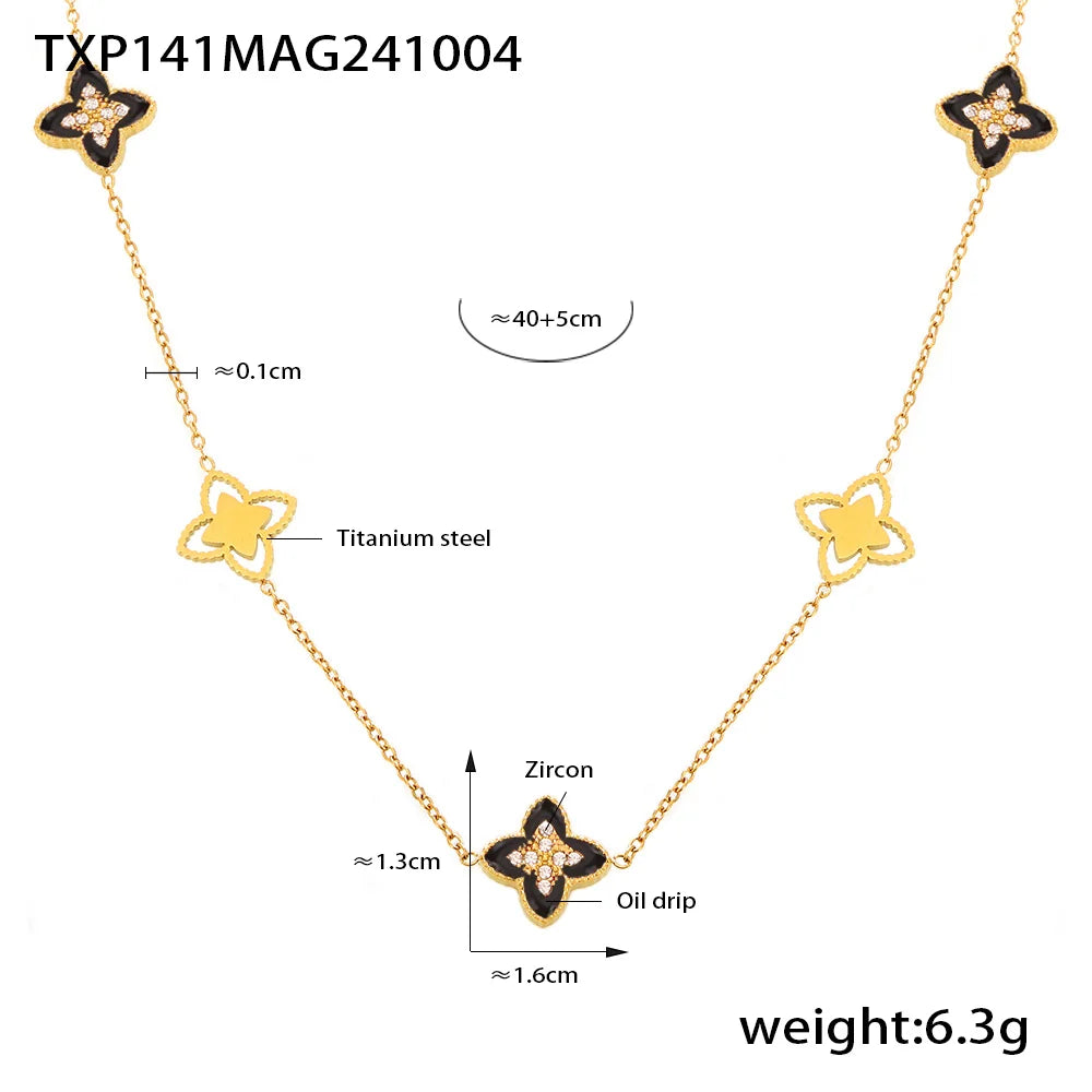 Nuovi set di gioielli alla moda con collana e bracciali a catena in acciaio inossidabile per donna, con fiore smaltato rosso e zirconi cubici scintillanti.
