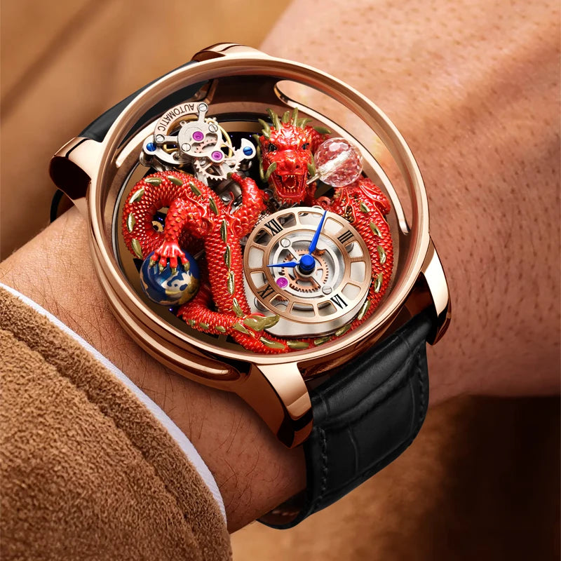 2024 PINDUCelestial Series orologio da uomo Traditionnelle Artisanat Dragon orologio al quarzo specchio curvo orologio dal Design completamente trasparente