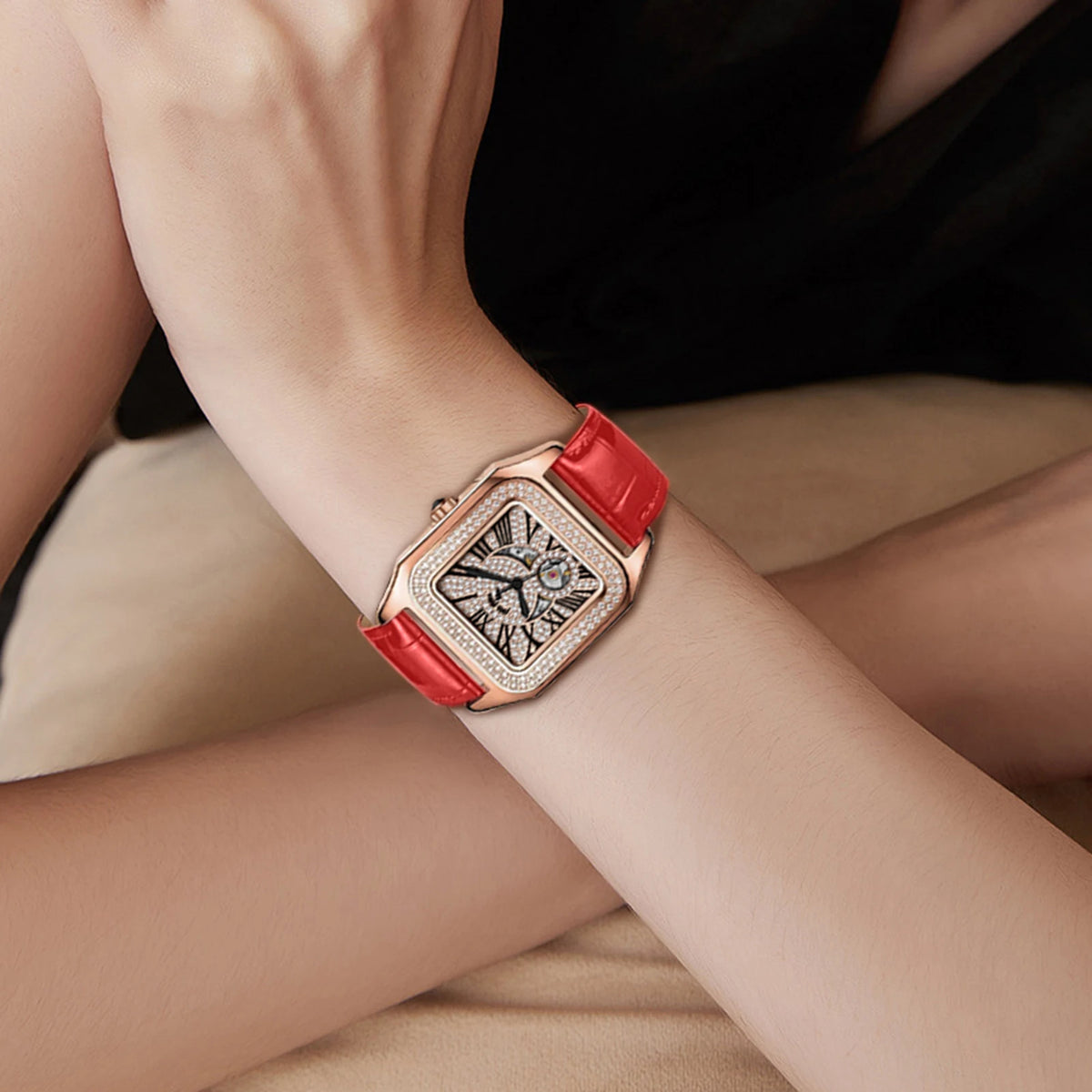 FolliFollie Orologio da donna automatico con quadrante in oro rosa e diamanti con numeri romani, cinturino in pelle, orologio da donna di lusso