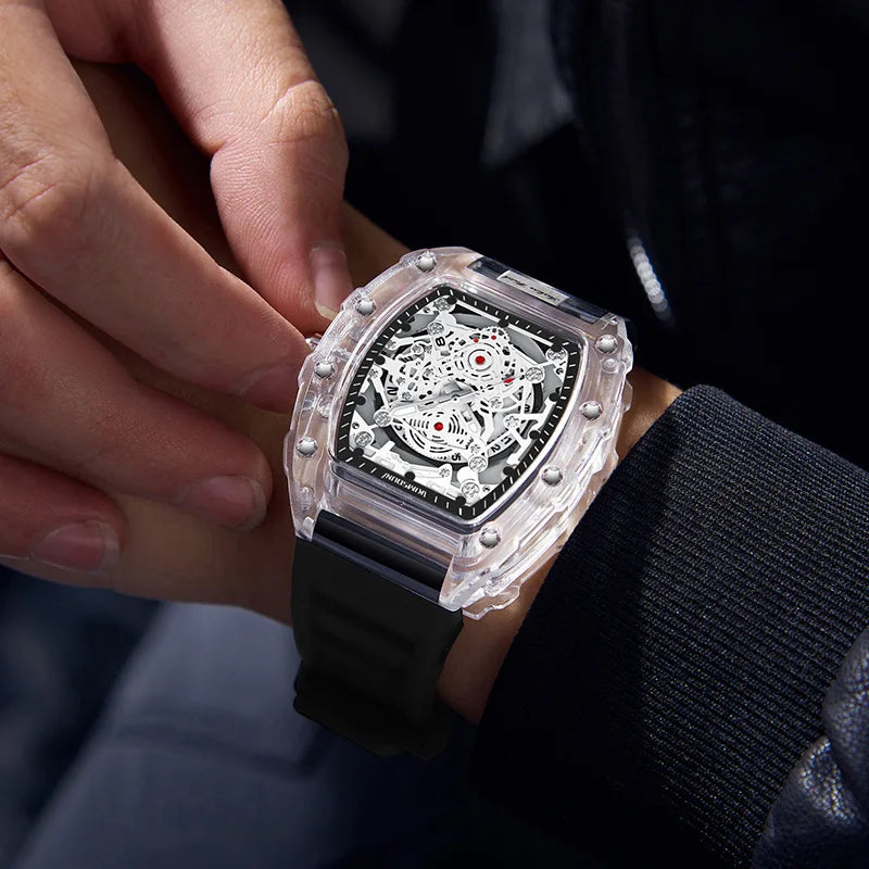 UTHAI BK134 Orologio da Uomo alla Moda a Forma di Botte Trasparente Impermeabile al Quarzo Orologio Sportivo Regalo per Uomo