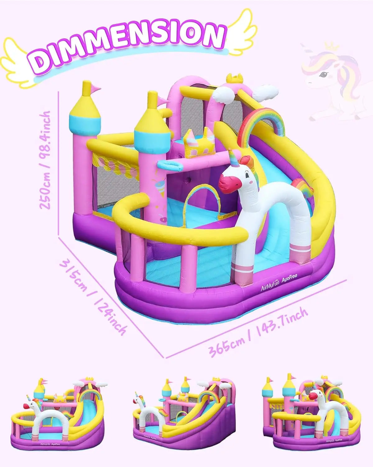 Inflatable Bounce House 5 in 1 Unicorn Wide Slide Jumping Castle for Kids Backyard Ball Pit Climbing Wall Basketball Hoop