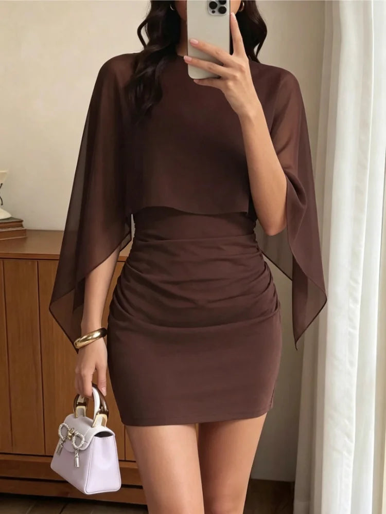 Nuovo Abito Mini da Donna Autunnale con Scollo Rotondo e Maniche a Mantella, in Chiffon Trasparente, con Vita Arricciata, Elegante per Feste e Serate in Discoteca