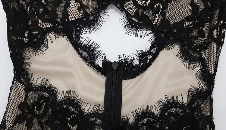 CNYISHE Abito da donna elegante e sexy con scollo a O, maniche lunghe, in pizzo traforato, vestito tubino attillato per serate e feste
