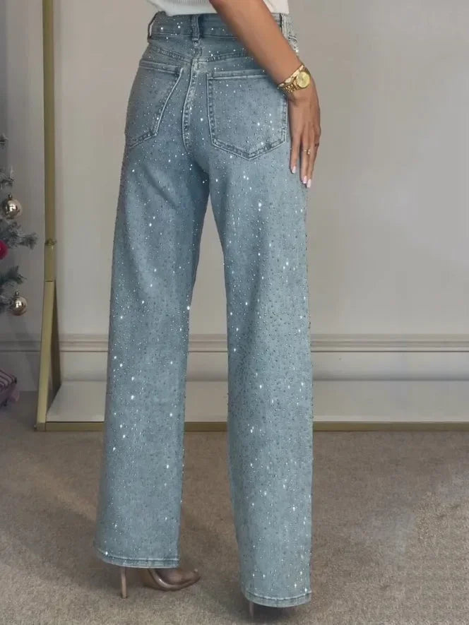 Jeans da donna Pantaloni dritti con diamanti Jeans elasticizzati a vita alta lavati per mamma Jeans vintage Streetwear Pantaloni streetwear Y2k