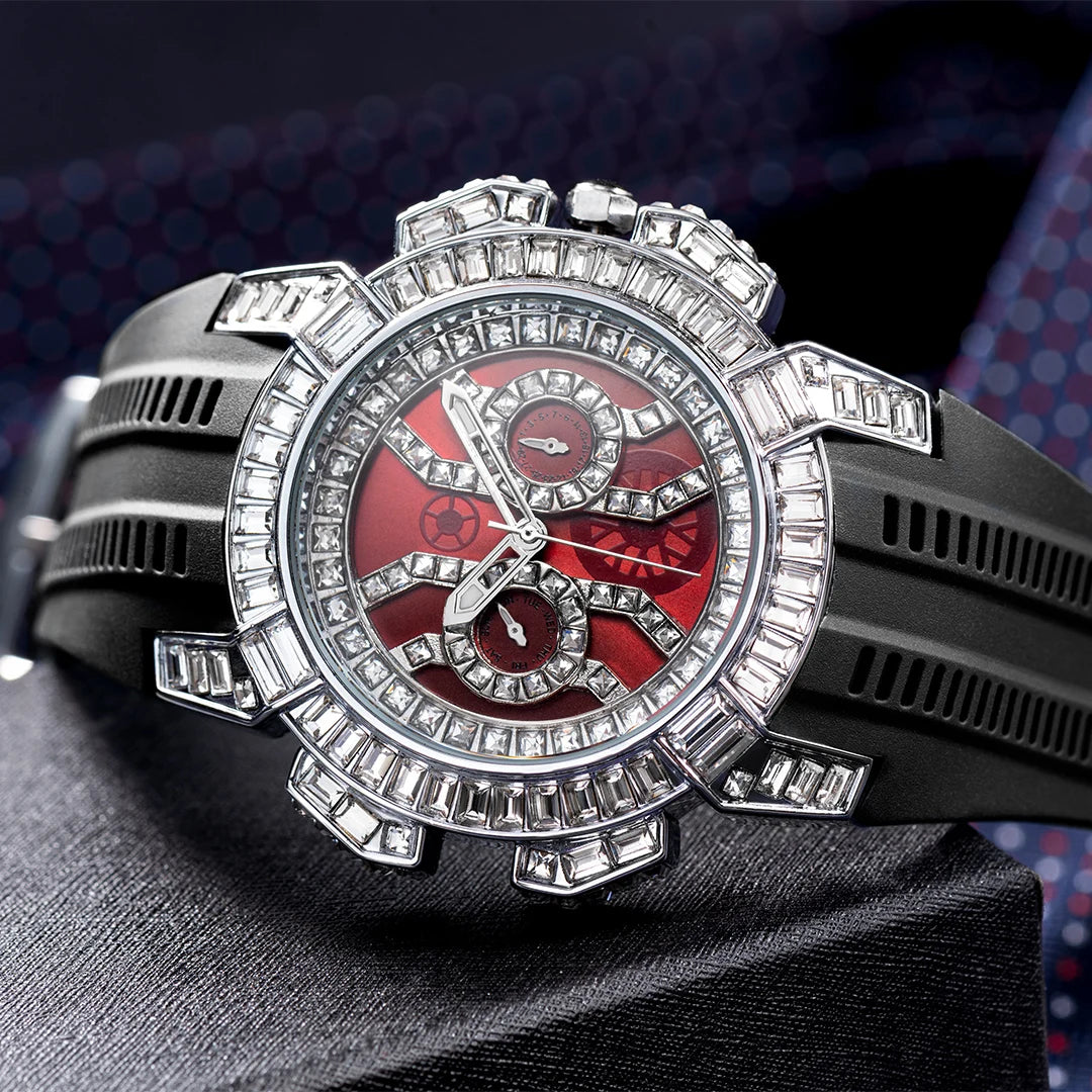 MISSFOX Nuovo Orologio Al Quarzo Rosso Per Gli Uomini di Lusso Hip Hop Streetwear Orologio Impermeabile Orologi Con Diamanti Orologi Da Polso Da Uomo Al Quarzo AAA