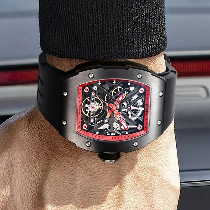 Haofa Orologio meccanico automatico scheletrato per uomo Lunetta in ceramica Zaffiro Luminoso Orologio sportivo da uomo con carica automatica impermeabile 1988