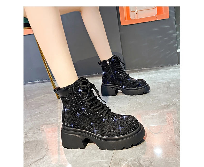 Stivaletti corti con diamanti con paillettes Donna Autunno Inverno Moda di lusso Stivali alti con tacco spesso Stivali stringati Scarpe casual da festa all'aperto