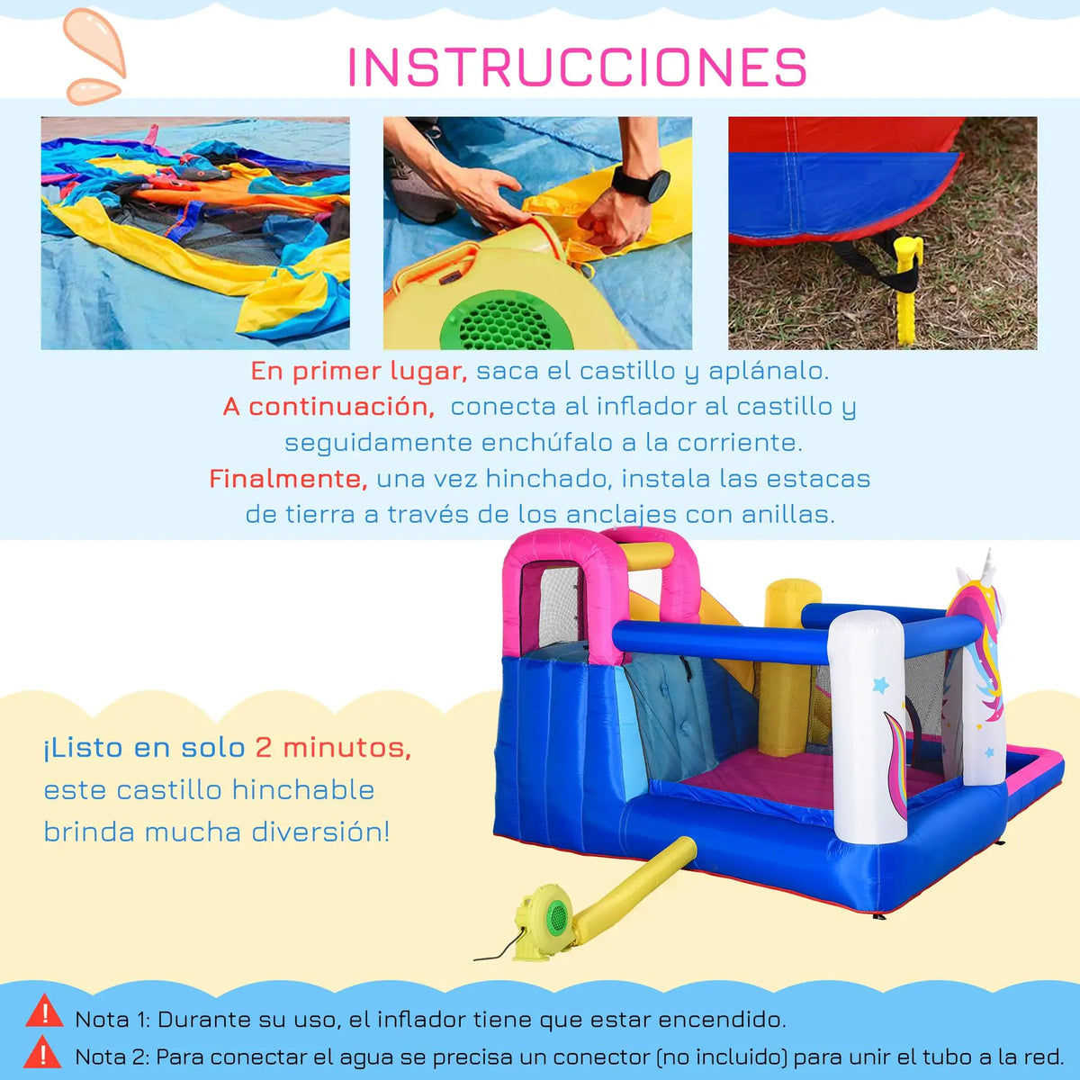 Castillo hinchable unicornio con soplador, tobogán, piscina y canasta de baloncesto 360x305x210cm