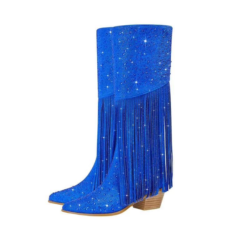 2024 nuovi stivali Chelsea al ginocchio con strass con cerniera nappe a punta moda lucida stivali da donna europei e americani 35-43