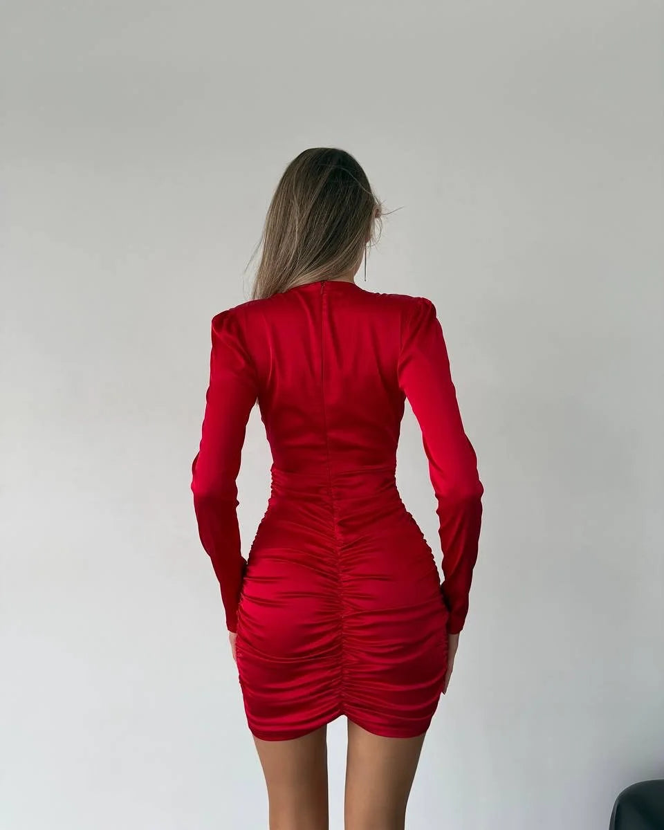 Mini abito plissettato sexy con scollo a V profondo Lady Fashion Solid Manica intera Vita stretta Abiti corti sottili Abiti da sera da donna