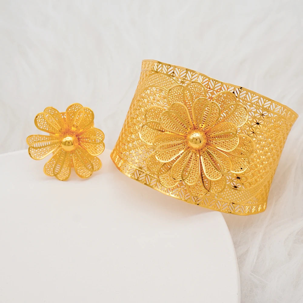 Bracciale color oro Dubai con anello per donna Bracciale con polsino a catena con ciondoli Bracciale indiano Arabo Francia Regali di gioielli da sposa