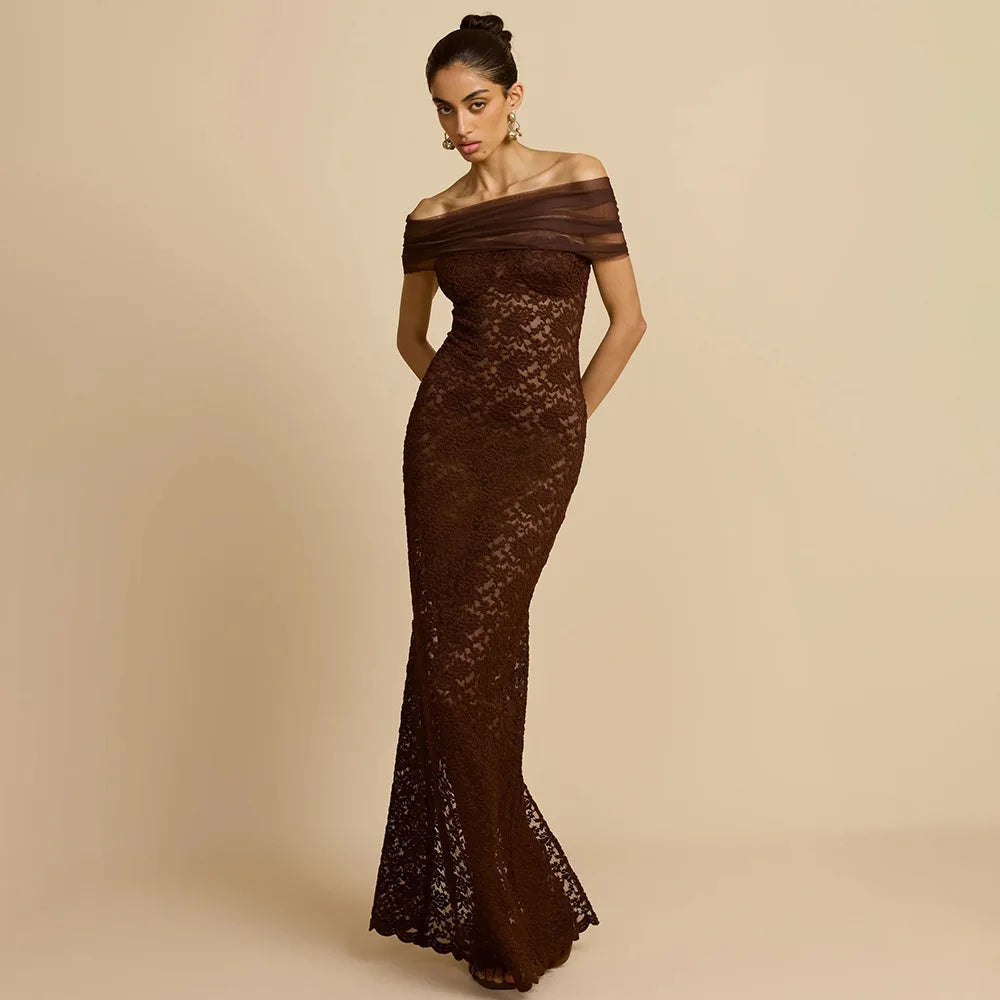 Apprabant Donne 2025 Nuovo Off Spalla Sirena Abito Da Sera Sexy Sheer Lace Patchwork Maglia Sottile Abito Lungo Elegante Partywear