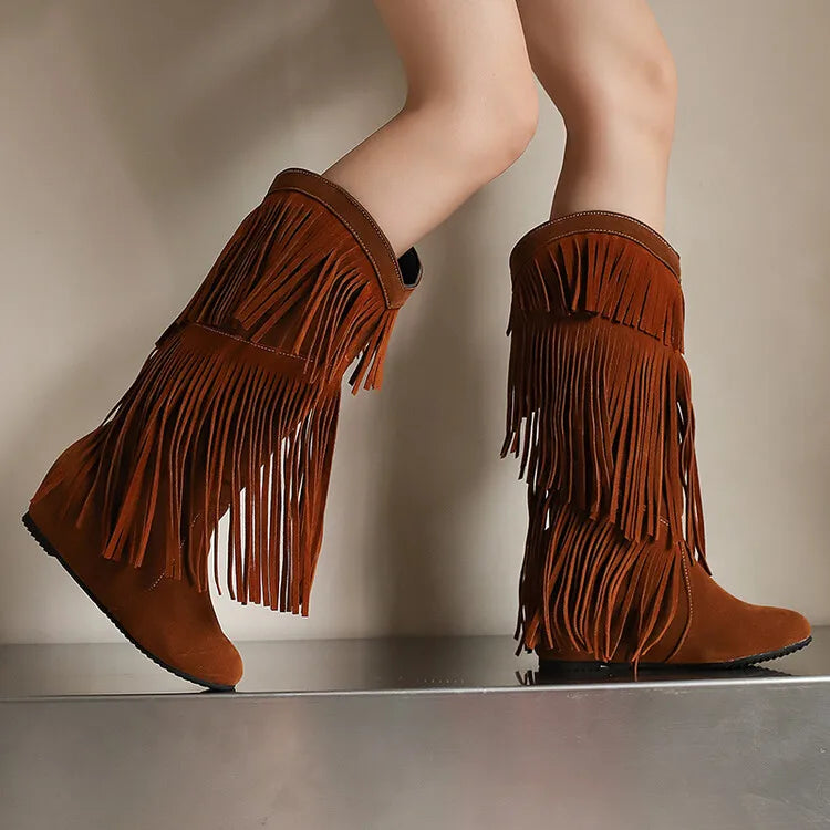 Ochanmeb stivali con frange Western rosso vino per donna stivali con tacco rialzato giallo nappe nere senza Zip scarpe da donna calde e larghe al polpaccio