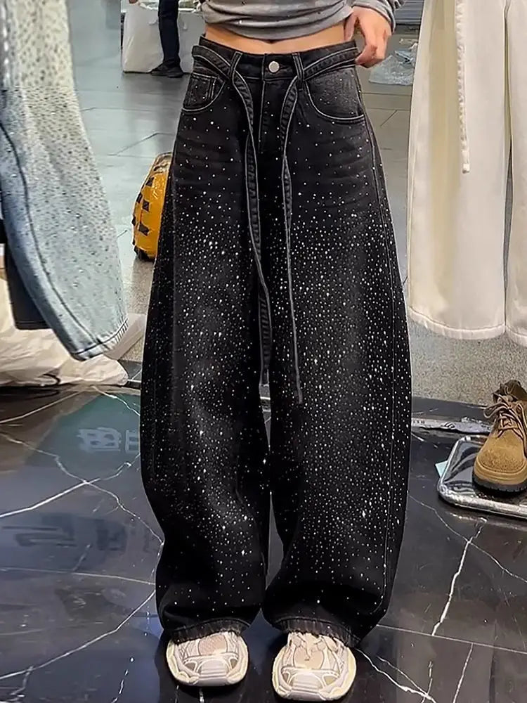 Jeans da Donna a Vita Alta con Strass Sfumati, Gamba Larga, Stile Y2K Vintage, Scintillanti, Baggy, in Denim, Streetwear, Slim Fit