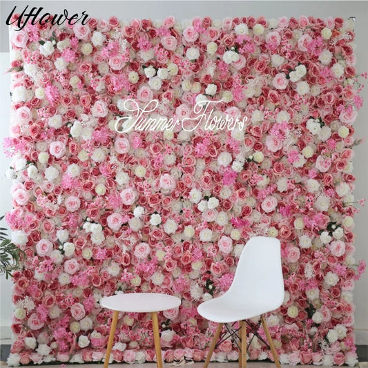 Uflower Custom Deluxe 3D Pink White Roses Artificial Flower Wall Outdoor Wedding Background Decoration Birthday Event Stage