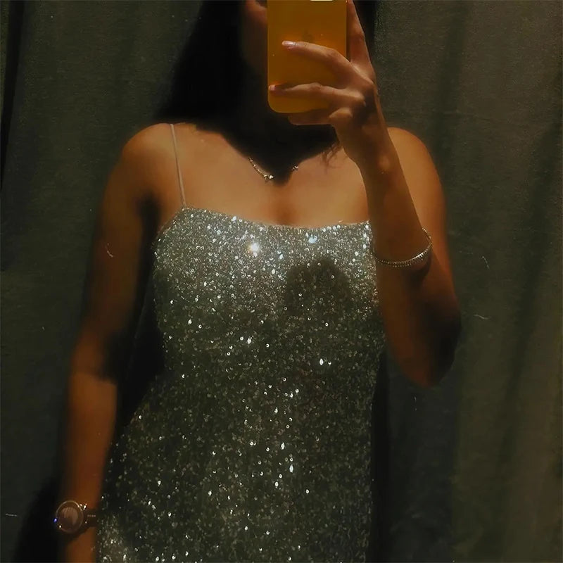 Elegante Abito con Paillettes da Donna Primavera Estate 2026, Vestito Senza Maniche con Scollo a Barca, Abito da Festa Scintillante, Dolce Abito da Ufficio Argento