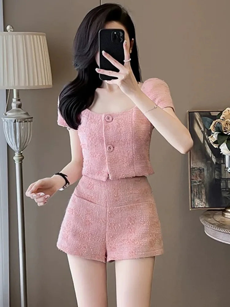 Camicia corta da donna con colletto quadrato in tweed grossolano stile street Pantaloncini slim coreani a vita alta Estate dolce rosa alla moda Due pezzi