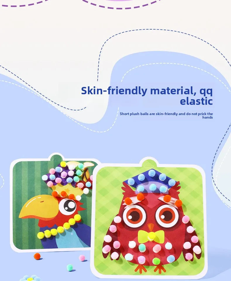 Handmade Material Children's Sticker Book Educational Early Learning Animal Pompom Art Kit Cartoon Montessori Pompom Crafts Toy