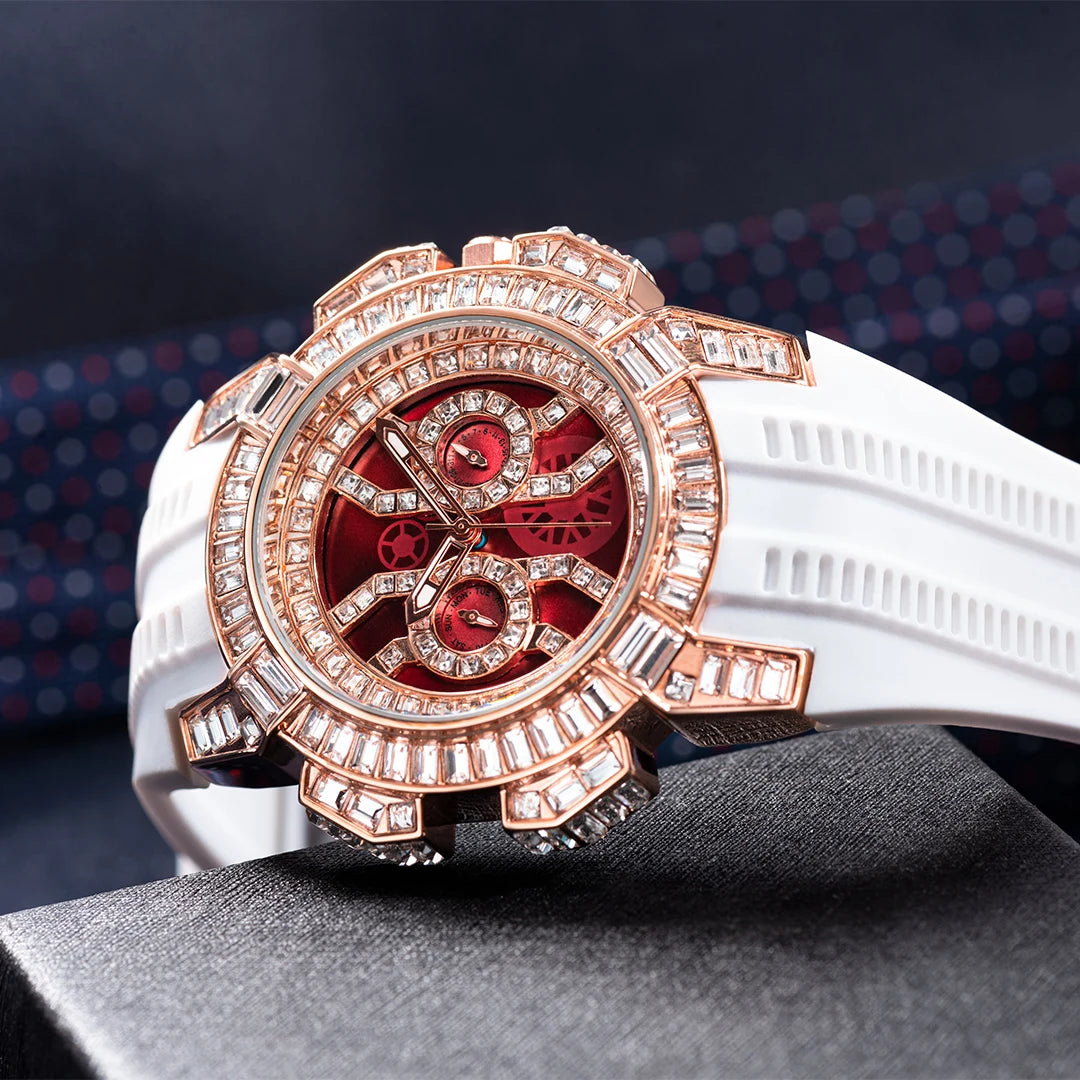 MISSFOX Nuovo Orologio Al Quarzo Rosso Per Gli Uomini di Lusso Hip Hop Streetwear Orologio Impermeabile Orologi Con Diamanti Orologi Da Polso Da Uomo Al Quarzo AAA